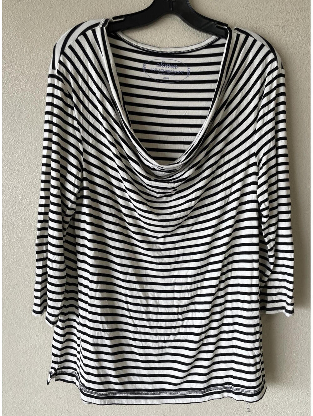 Soma Large Tee Drape Front Striped Ivory Long Sleeves